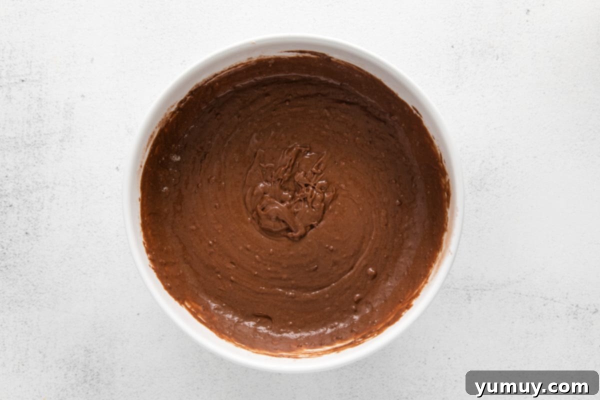 A bowl of rich chocolate muffin batter after combining wet and dry ingredients.
