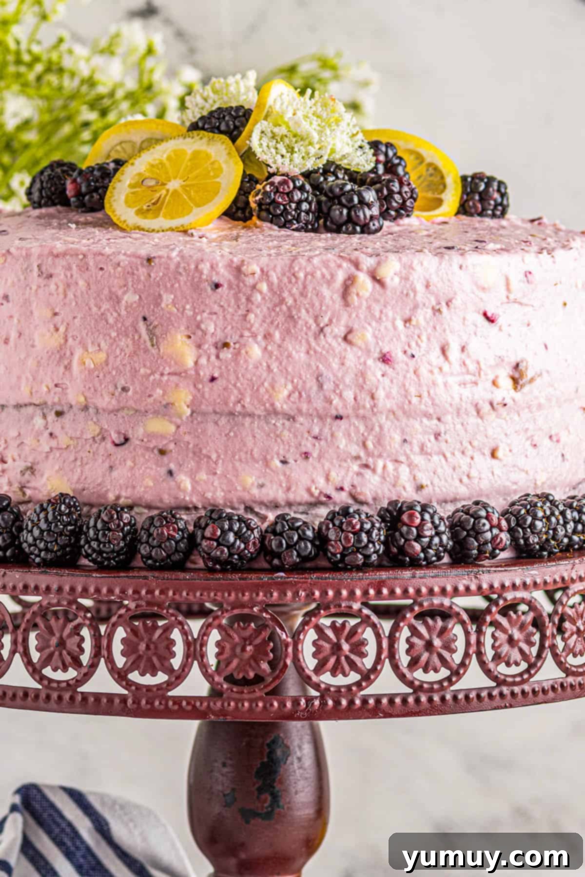 Sun-Kissed Lemon Blackberry Symphony 2 lemon blackberry cake on cake stand