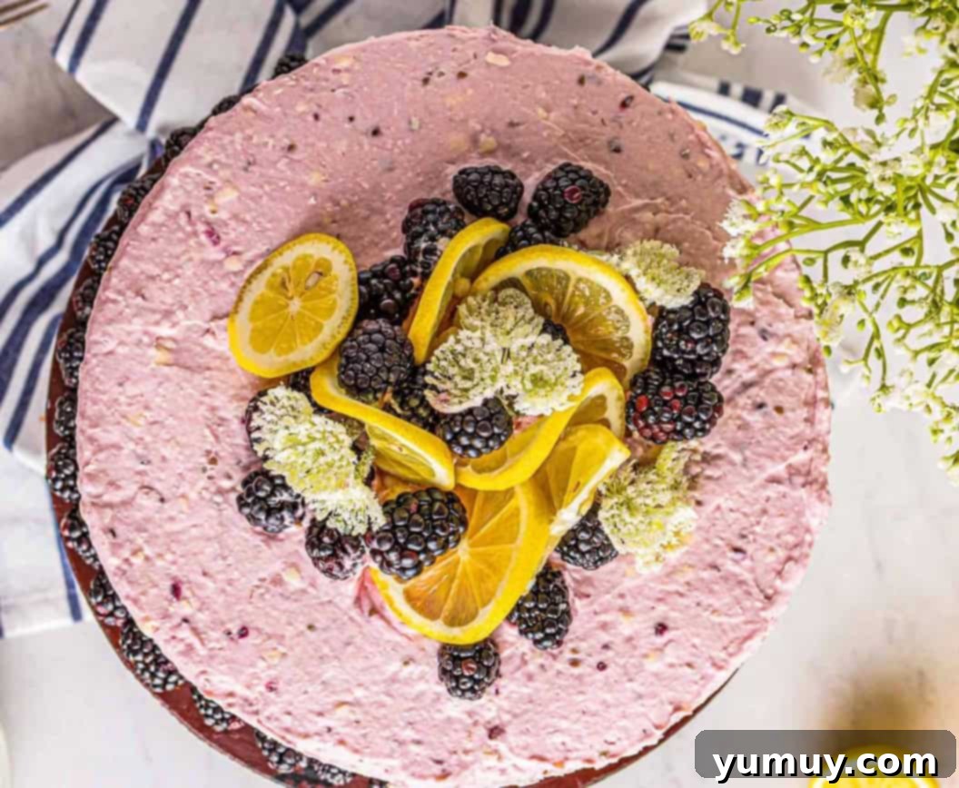 Sun-Kissed Lemon Blackberry Symphony 16 overhead view of a blackberry lemon cake topped with lemons and blackberries.