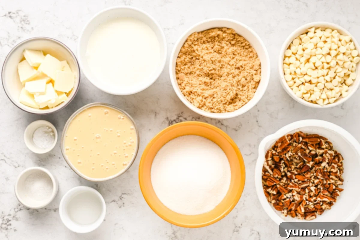 A group of bowls containing pre-measured ingredients for fudge making, ready for the next steps.
