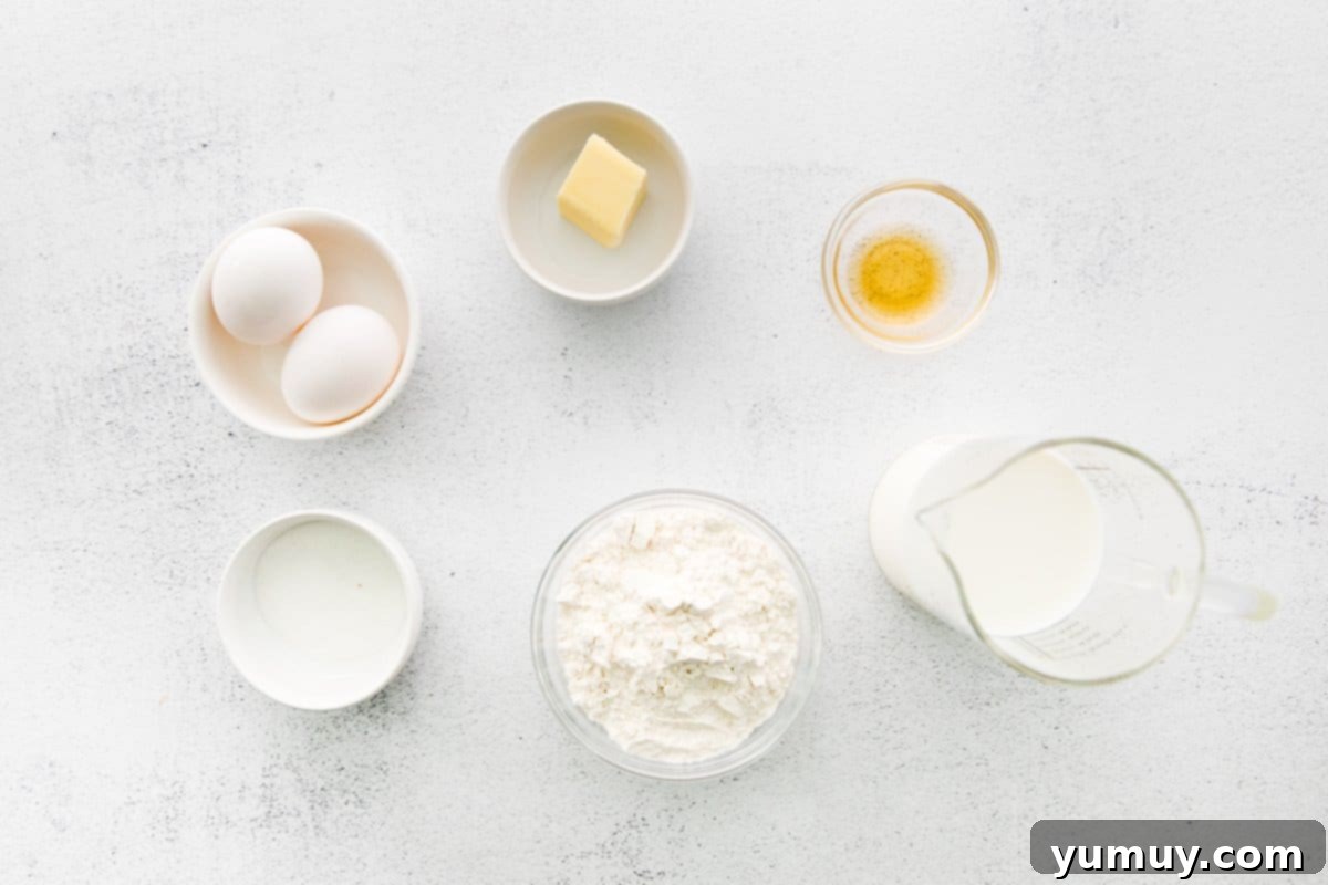 overhead view of ingredients for crepes.