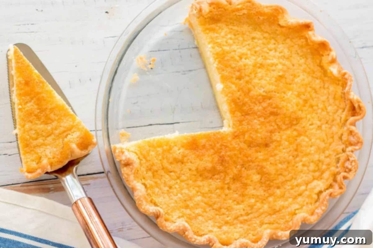 An overhead shot showcasing a classic buttermilk pie, freshly baked, with one perfect slice carefully removed and placed on a pie server, revealing its creamy, golden interior.