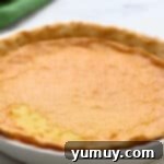 A freshly baked buttermilk pie, still hot and golden brown, resting in its pie pan after coming out of the oven.