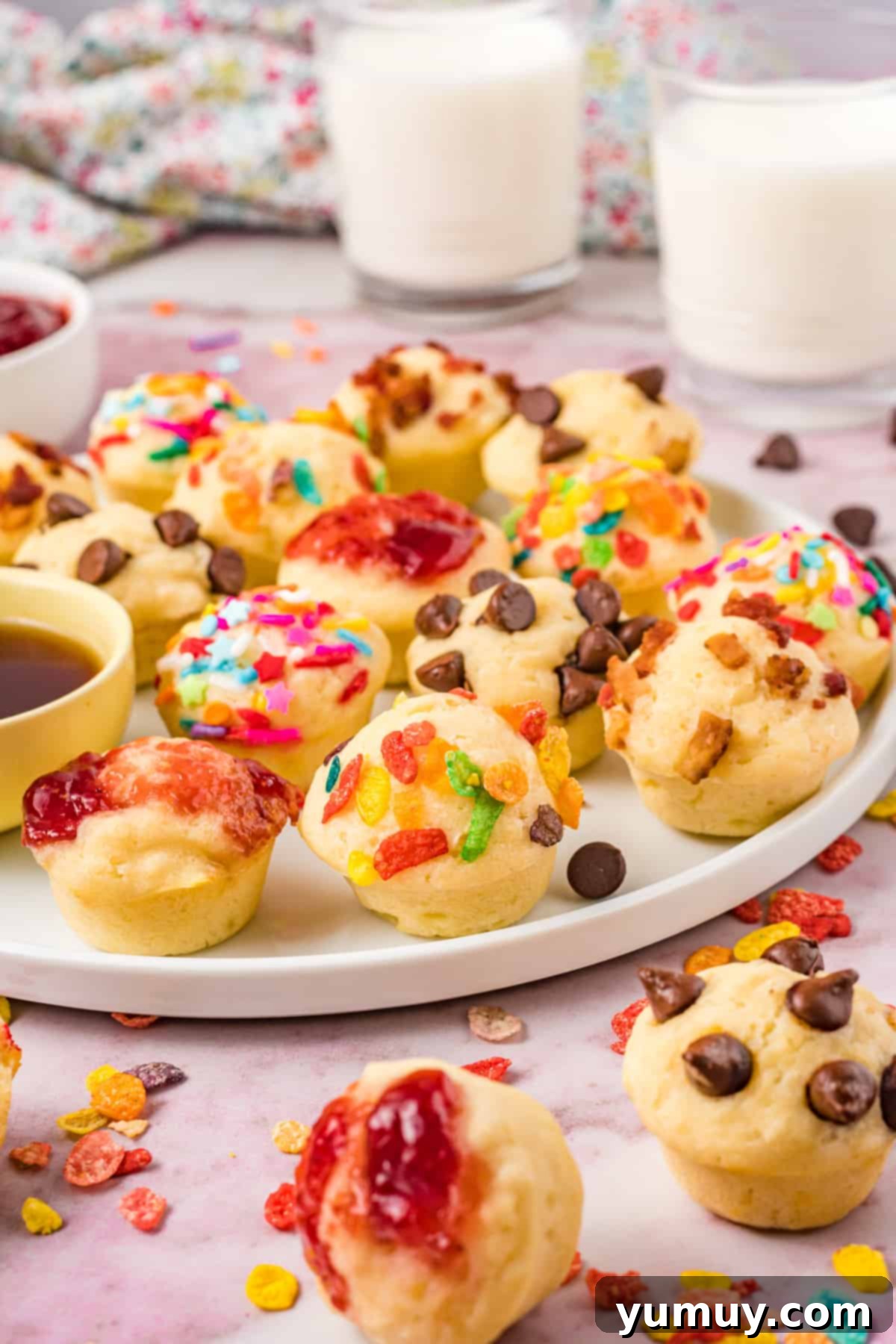 A serving plate of fluffy golden brown pancake bites, ready to be enjoyed.