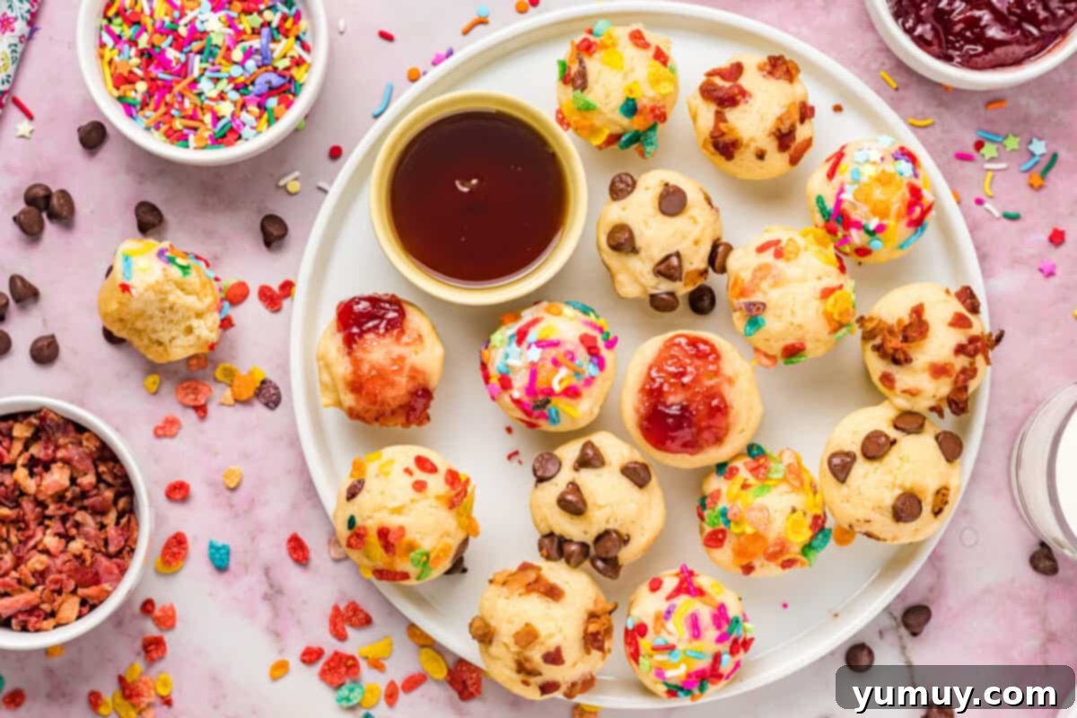 An overhead view of a beautiful plate filled with an assortment of mini pancake bites, some plain, some with toppings.