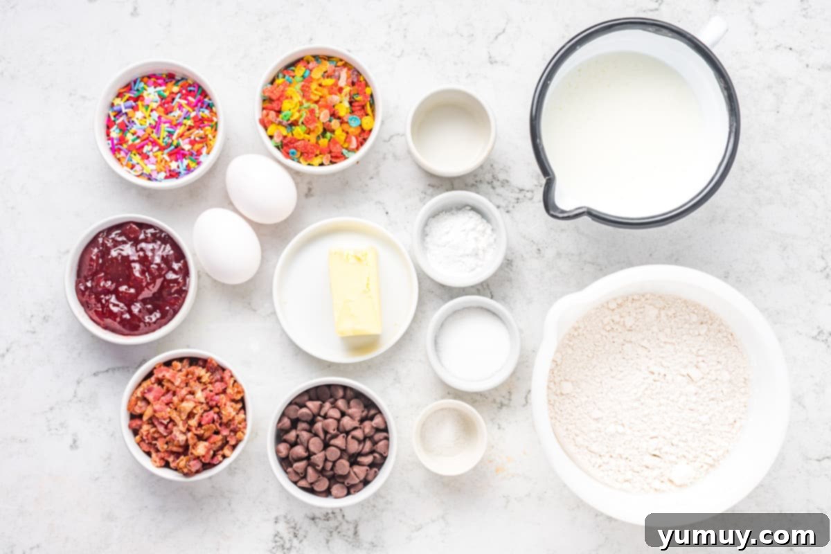 All the necessary ingredients for pancake bites, neatly arranged on a white kitchen counter.