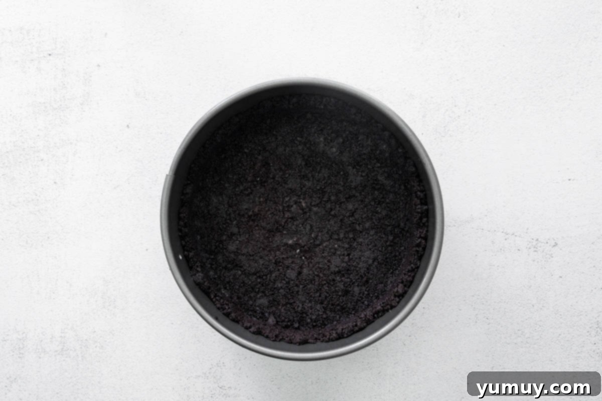 A perfectly pressed Oreo chocolate cheesecake crust forming the base of a springform pan.