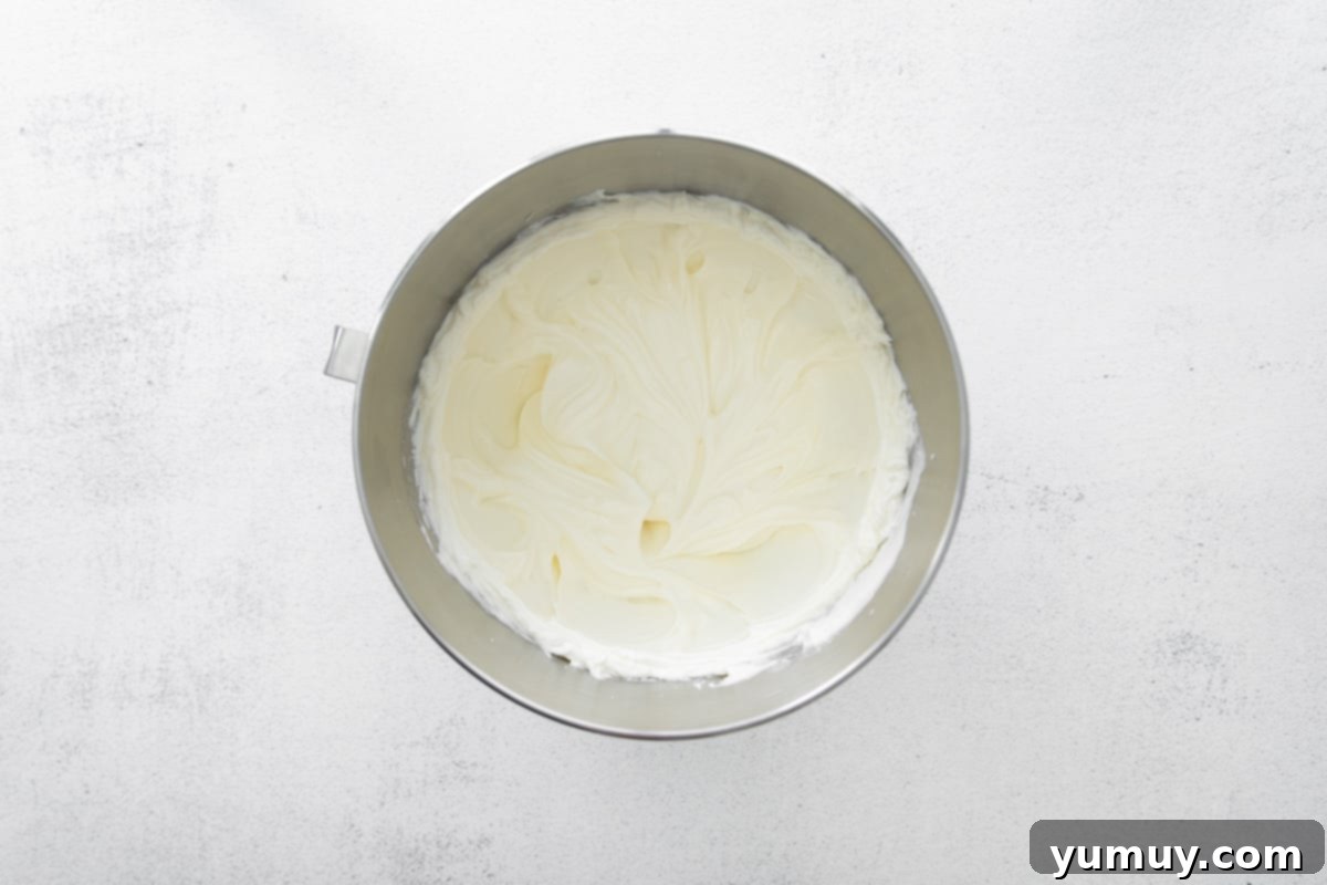 A beautifully whipped cream cheese mixture, blended with sugar and sour cream, in a stand mixer bowl.