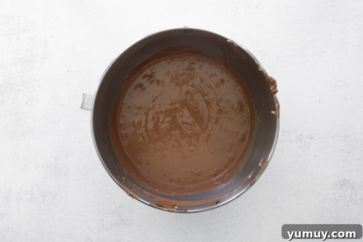 Rich chocolate cheesecake batter in a mixing bowl, showcasing its smooth, uniform consistency.