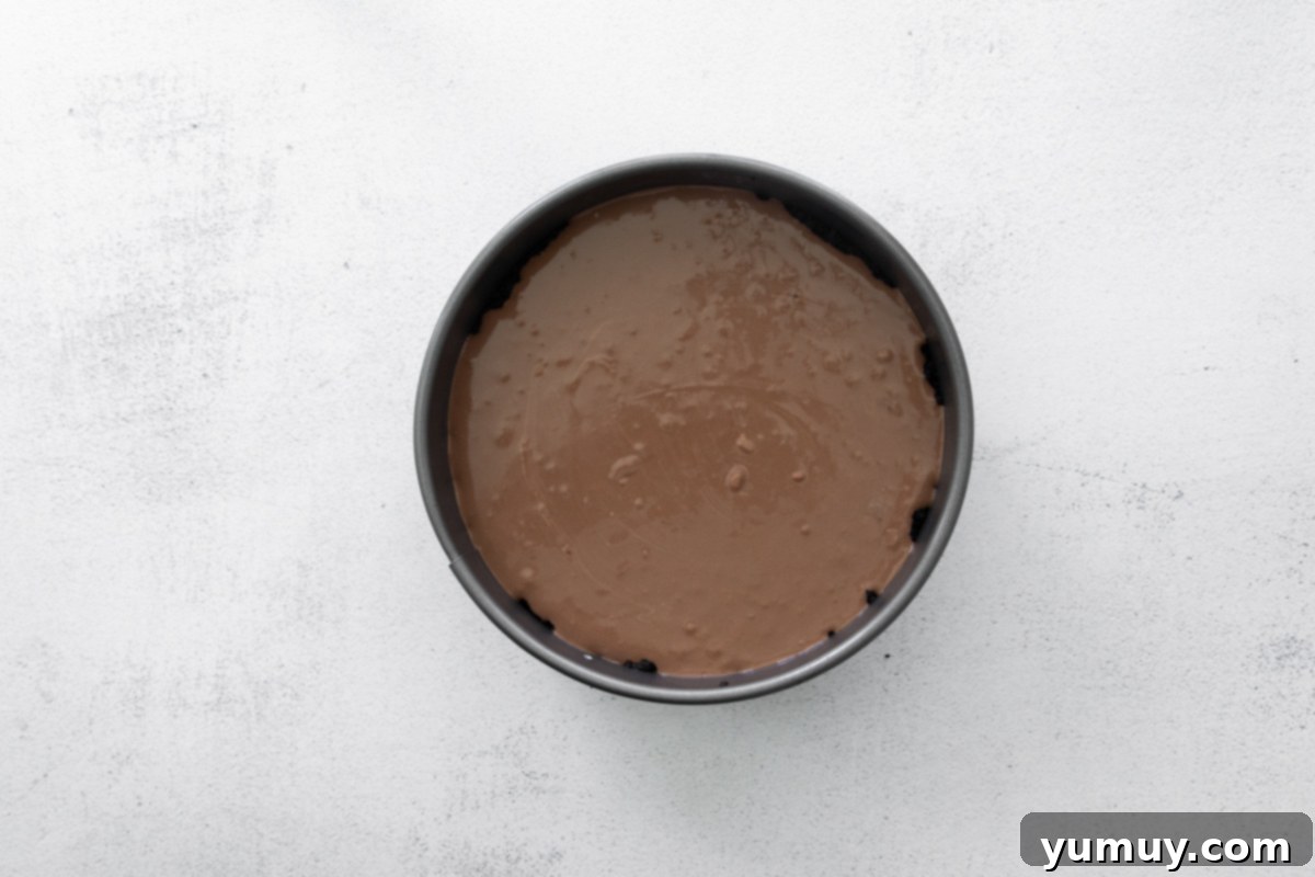 Velvety smooth chocolate cheesecake batter settling over the firm Oreo crust in a round springform pan.
