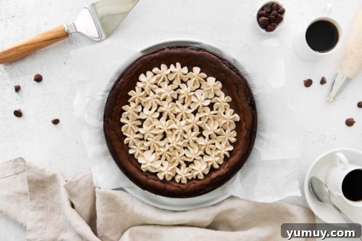 A stunning chocolate cheesecake adorned with swirls of mocha whipped cream and chocolate shavings.