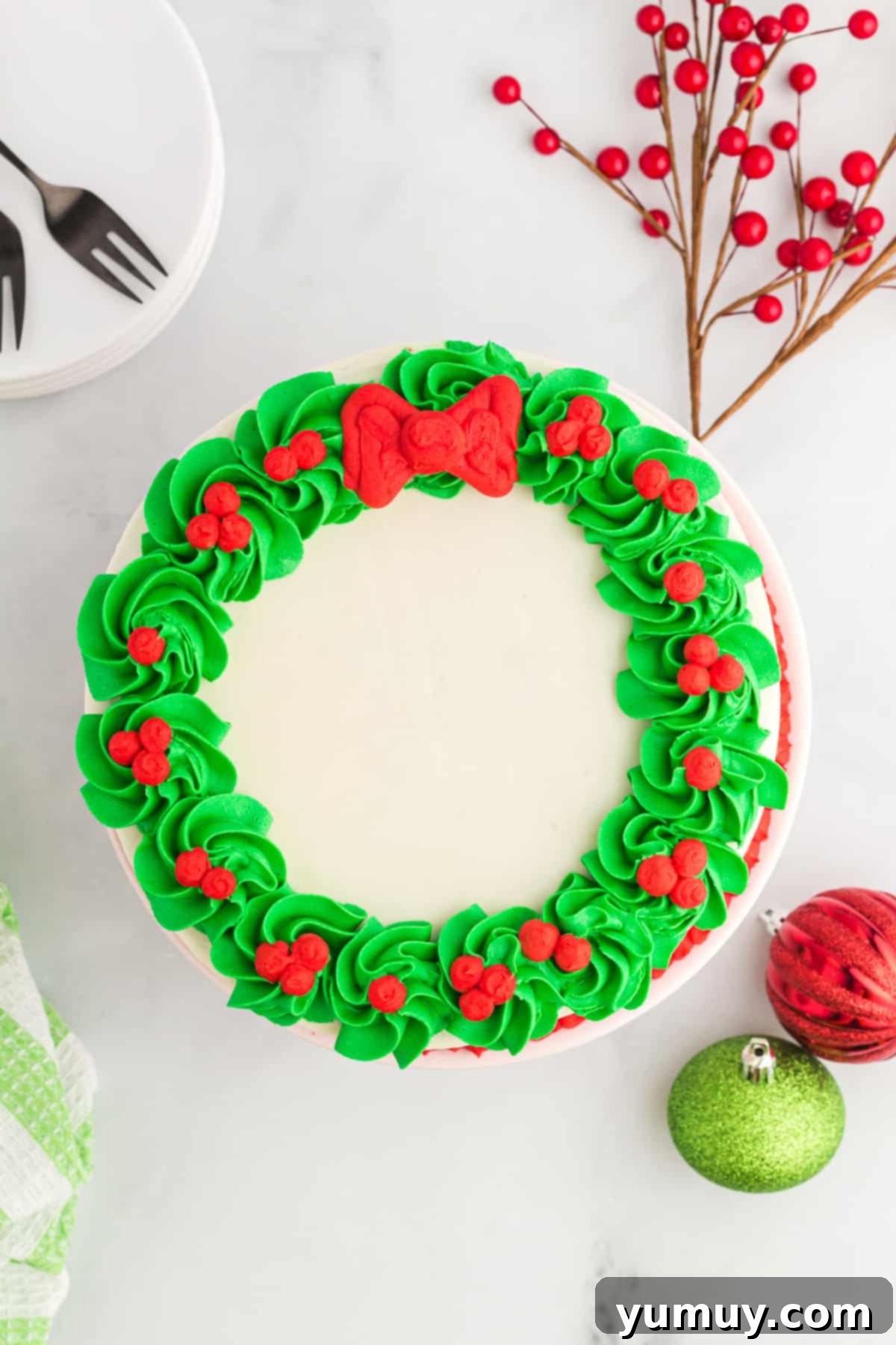 overhead view of christmas wreath cake