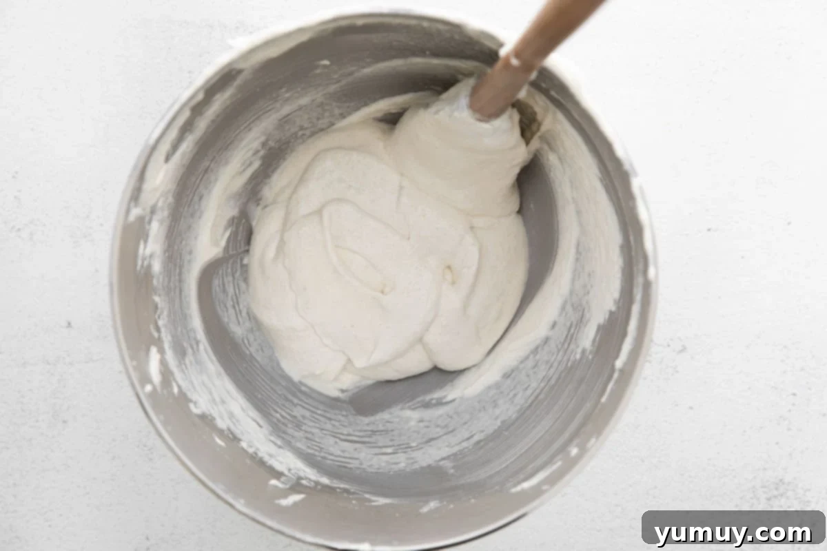 Gently folded macaron batter inside a stainless steel stand mixer bowl, with a rubber spatula demonstrating the correct consistency for piping macaron shells.