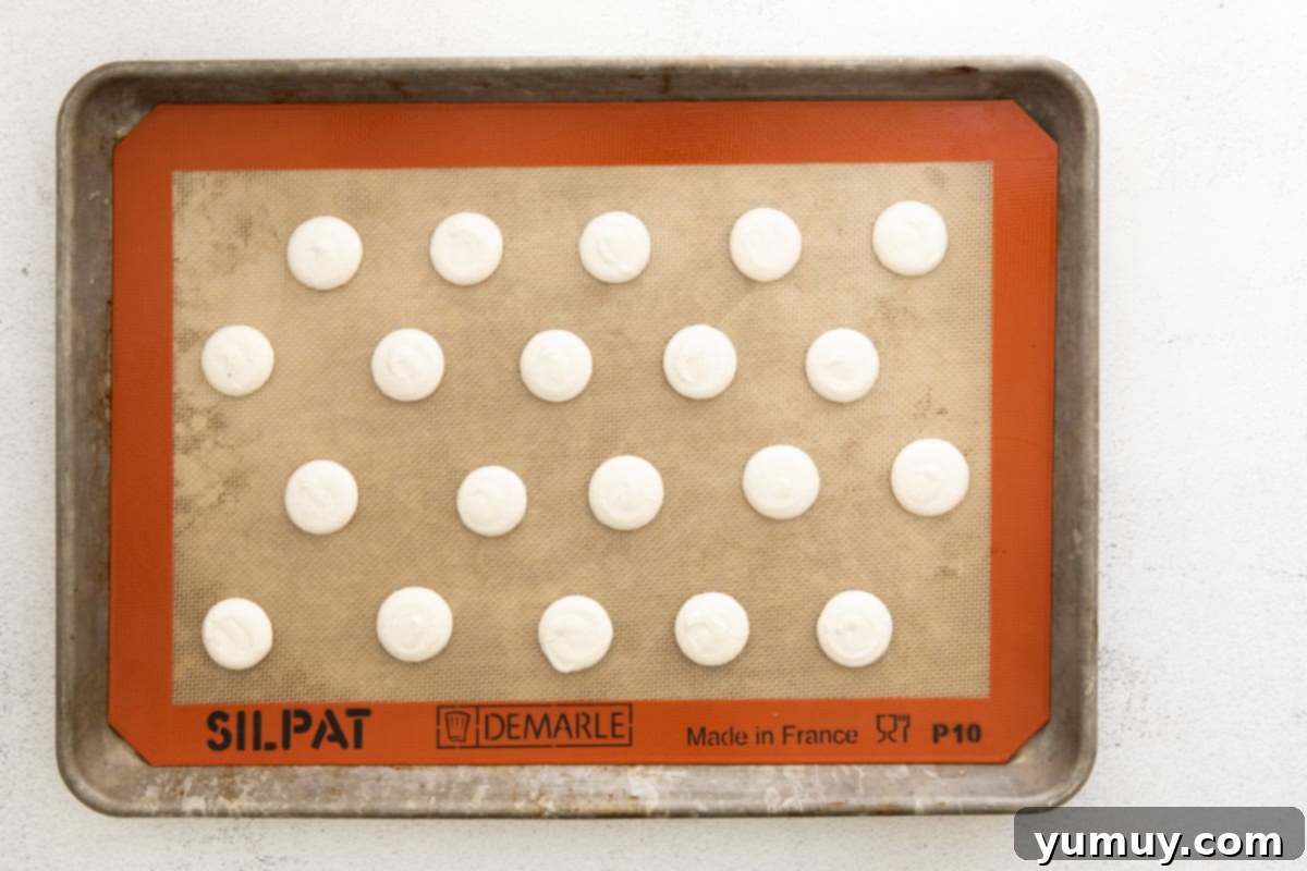 Twenty precisely piped macaron shells resting on a Silpat mat atop a baking sheet, preparing for the baking process after de-gassing.