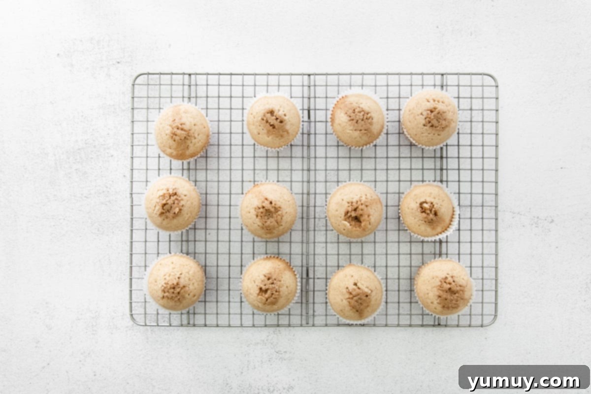 Decadent Tiramisu Cupcakes 17 coffee soak poured over 12 baked cupcakes on a cooling rack.
