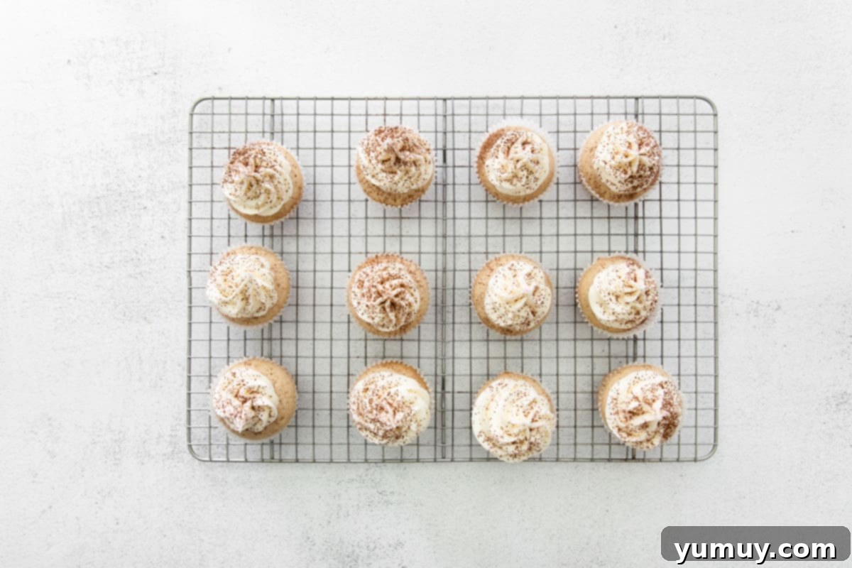 Decadent Tiramisu Cupcakes 18 12 cocoa powder dusted tiramisu cupcakes on a cooling rack.