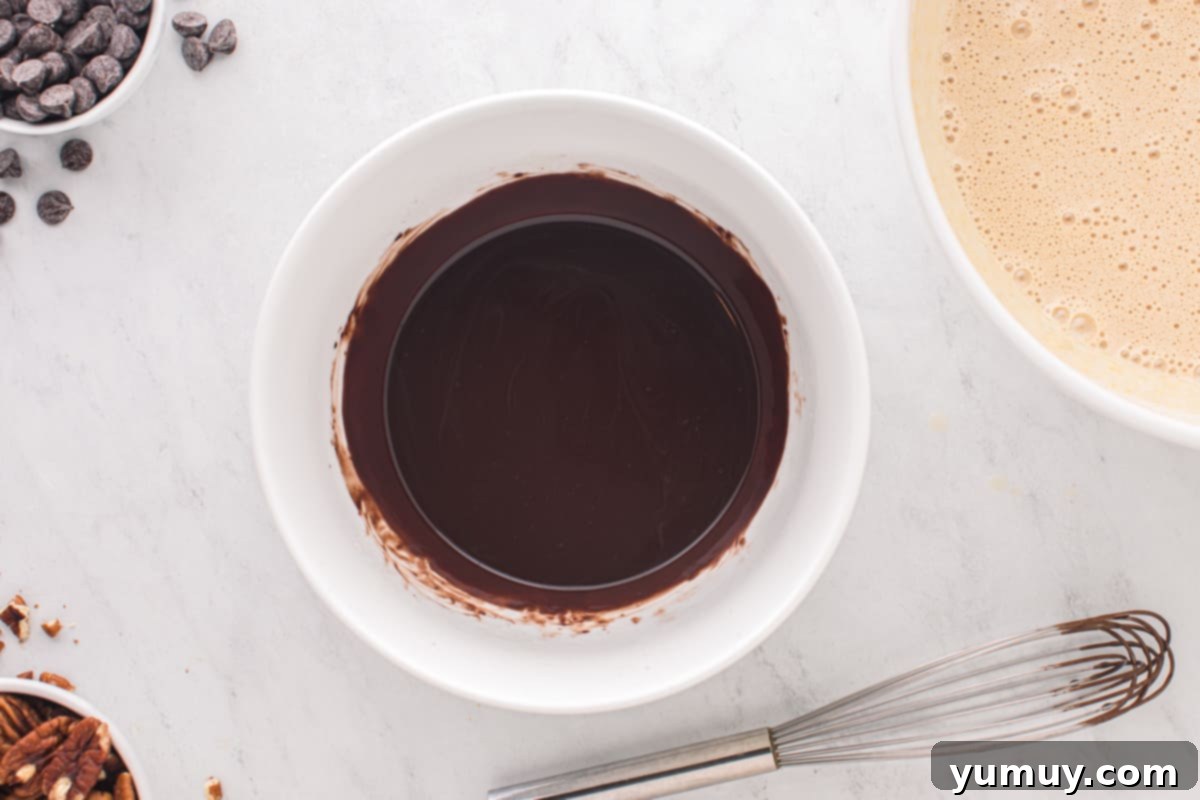 Melted butter and unsweetened cocoa powder being expertly whisked together in a white bowl, transforming into a smooth, dark chocolate butter mixture.