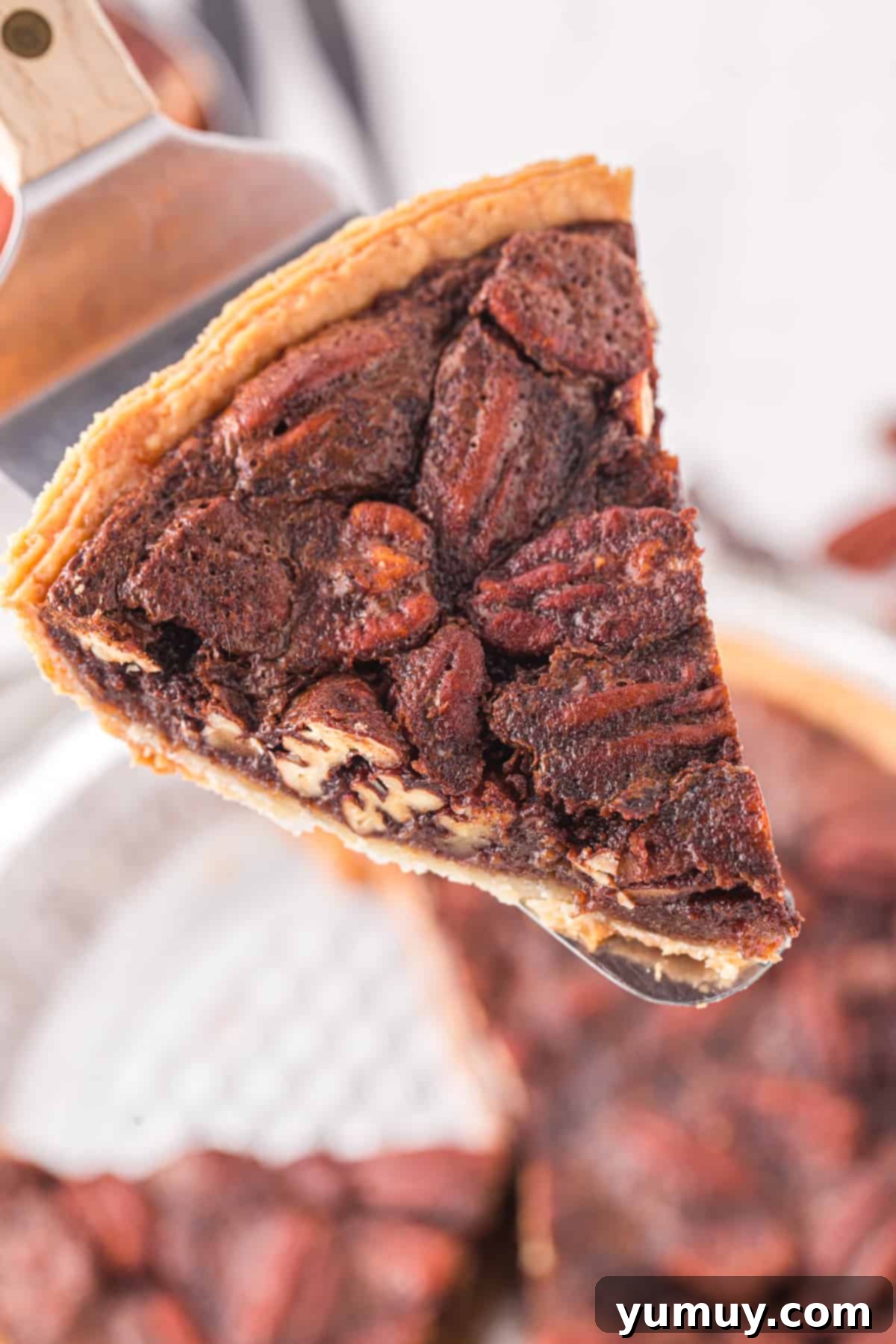 A close-up view of a freshly cut slice of chocolate pecan pie on a pie server, highlighting its gooey chocolate filling and whole pecans.