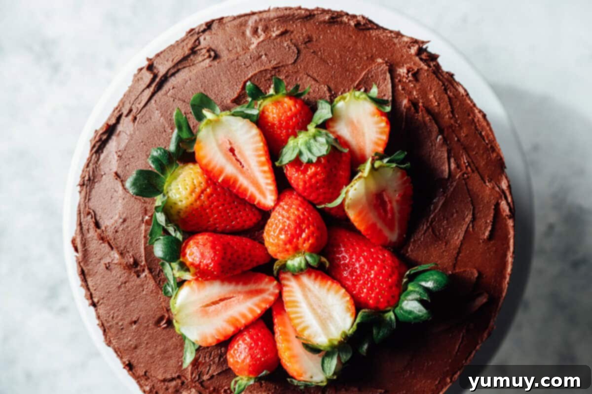 Decadent Chocolate Strawberry Delight 14 An inviting overhead view of a fully frosted chocolate strawberry cake, beautifully garnished with fresh, ripe strawberries, ready to be enjoyed.
