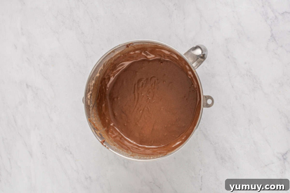 Decadent Chocolate Strawberry Delight 10 A large bowl filled with rich, brown chocolate cake batter, smooth and perfectly mixed, indicating it's ready for baking.