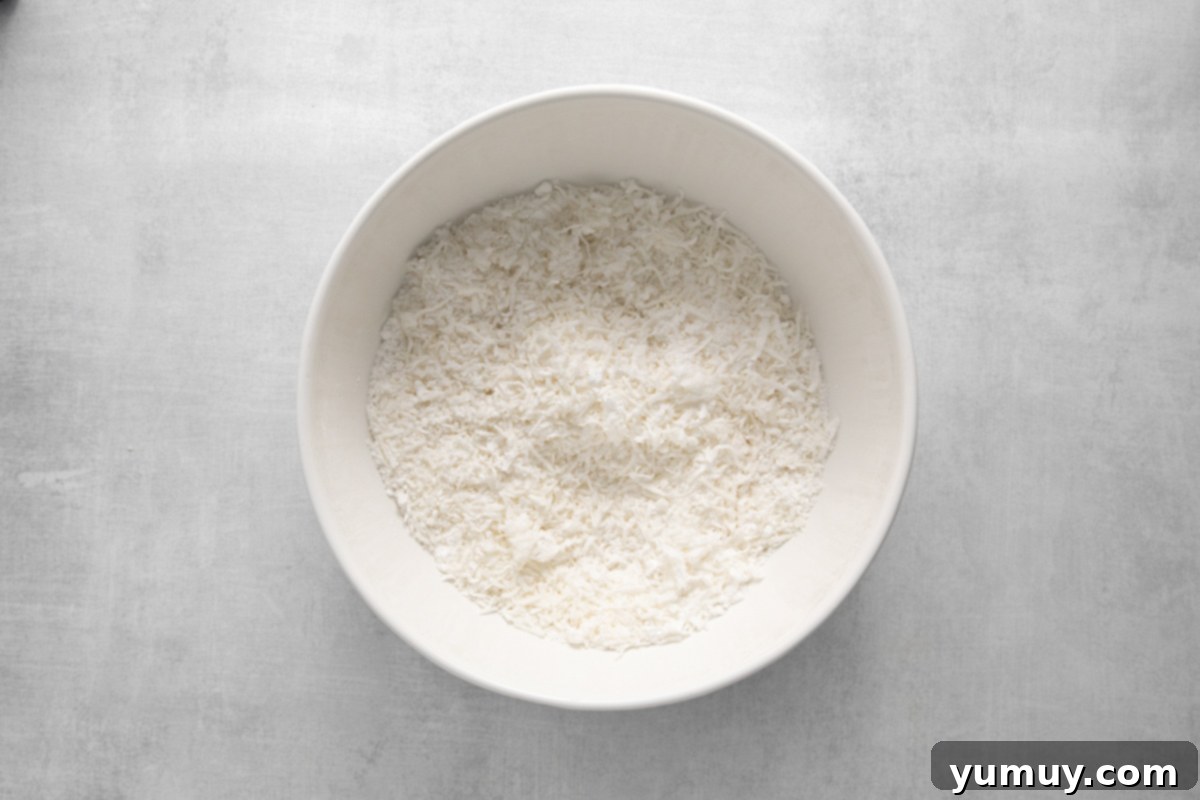 Creamy Coconut Delights 6 Shredded coconut lightly mixed with powdered sugar in a clean white bowl, forming the base of the truffle filling.