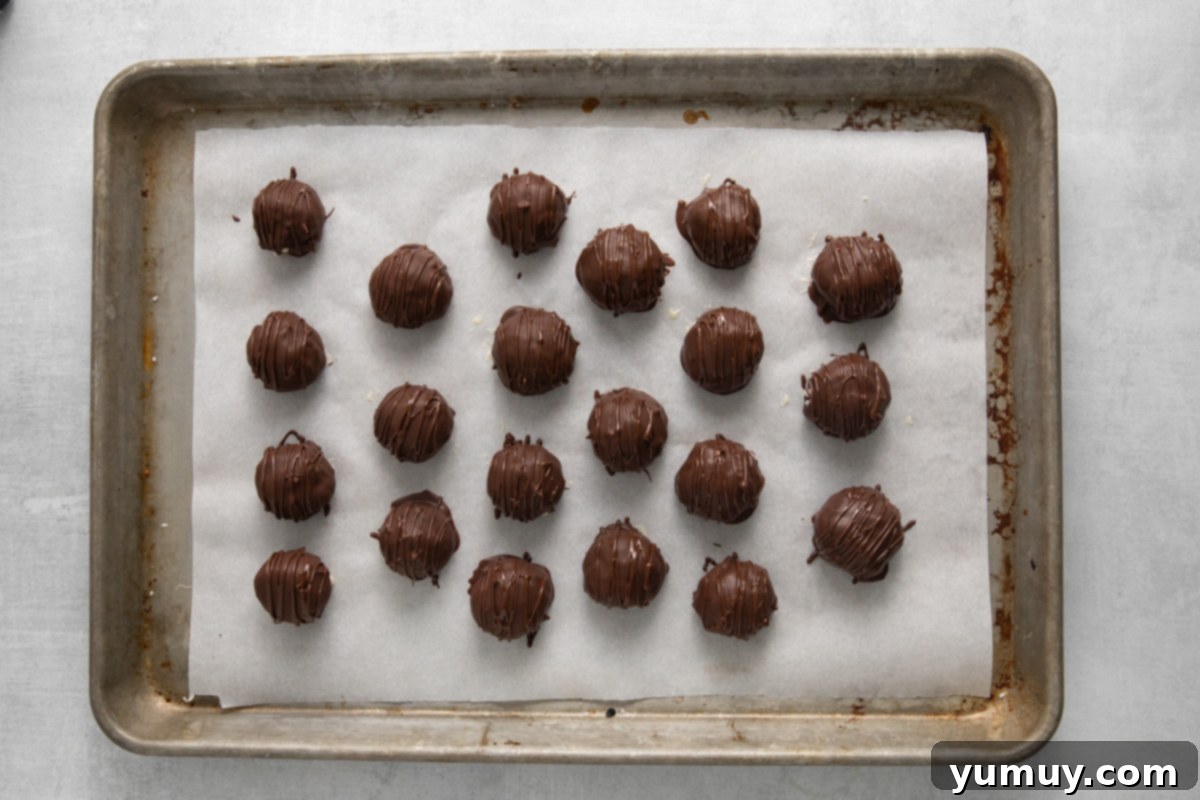 Creamy Coconut Delights 11 A baking sheet filled with freshly made chocolate coconut truffles, now fully set and ready to be enjoyed or stored.