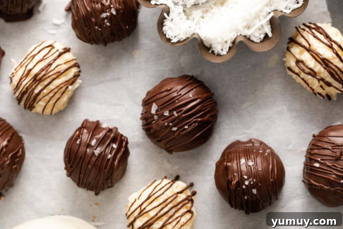 Creamy Coconut Delights 3 A close-up view of perfectly formed chocolate coconut truffles arranged invitingly in a serving dish, ready to be enjoyed.