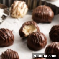 Creamy Coconut Delights 4 Featured coconut truffles, beautifully coated in dark chocolate and ready to serve.