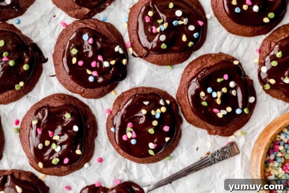 Close up of cosmic brownie cookies on parchment paper with a ganache coated spoon.