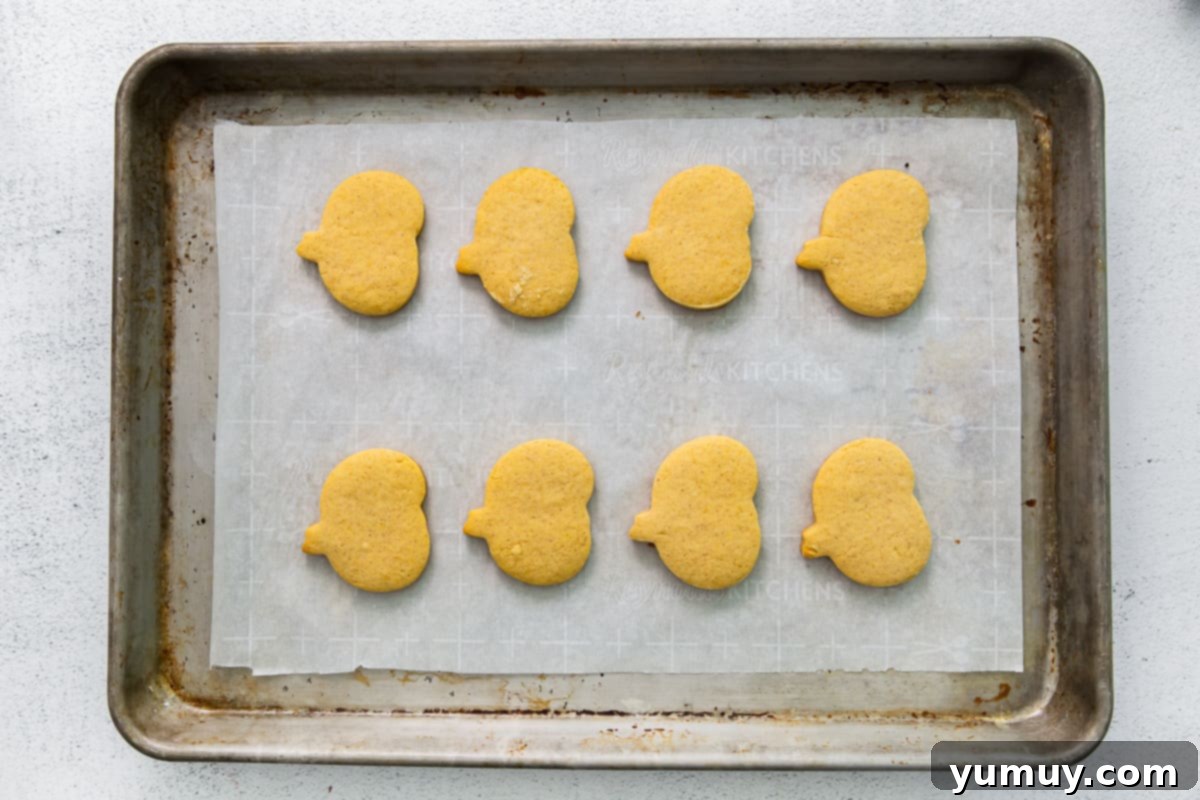 pumpkin shaped sugar cookies lined up on a baking tray