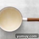 Cooked water and dissolved gelatin in a saucepan, now a clear liquid.