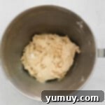 maple biscotti dough in a stainless mixing bowl.