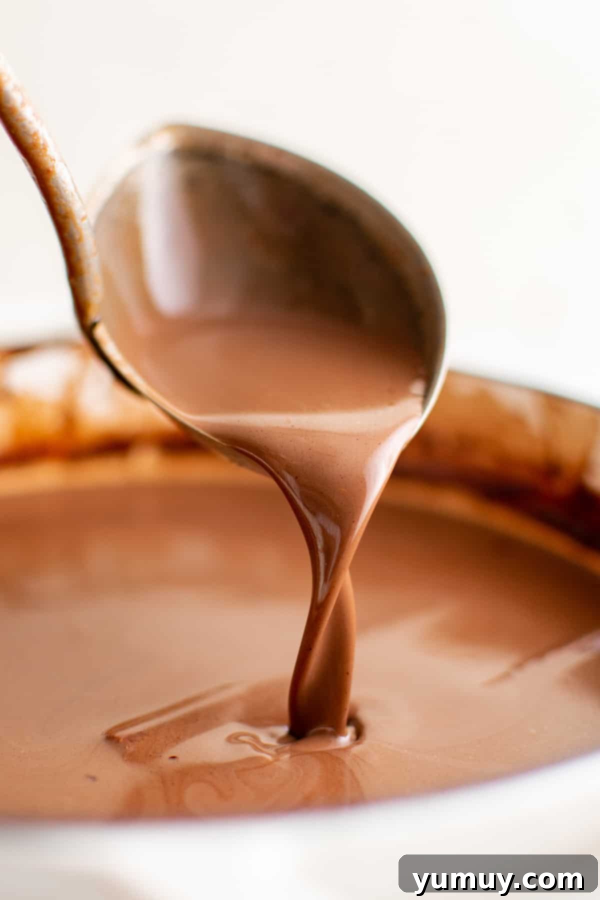A spoon pouring rich, creamy Mexican hot chocolate into a festive mug, capturing the essence of a warm, comforting beverage.