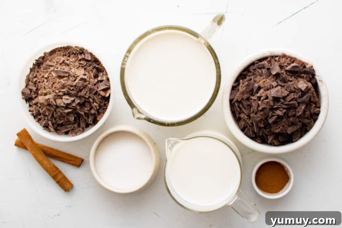 Overhead view of all ingredients for Mexican hot chocolate, neatly arranged in individual bowls, ready for preparation.