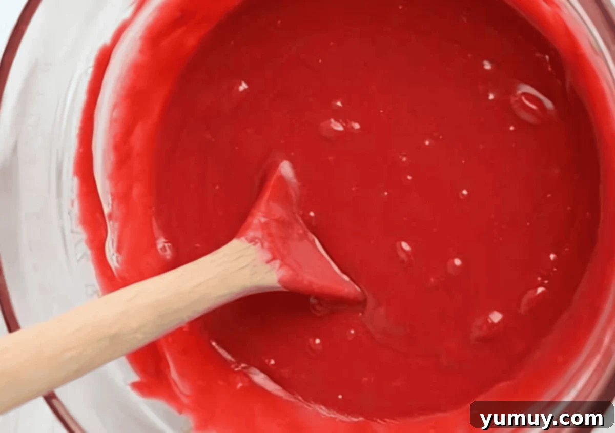 red velvet fudge mixture in a glass bowl with a wooden spoon.