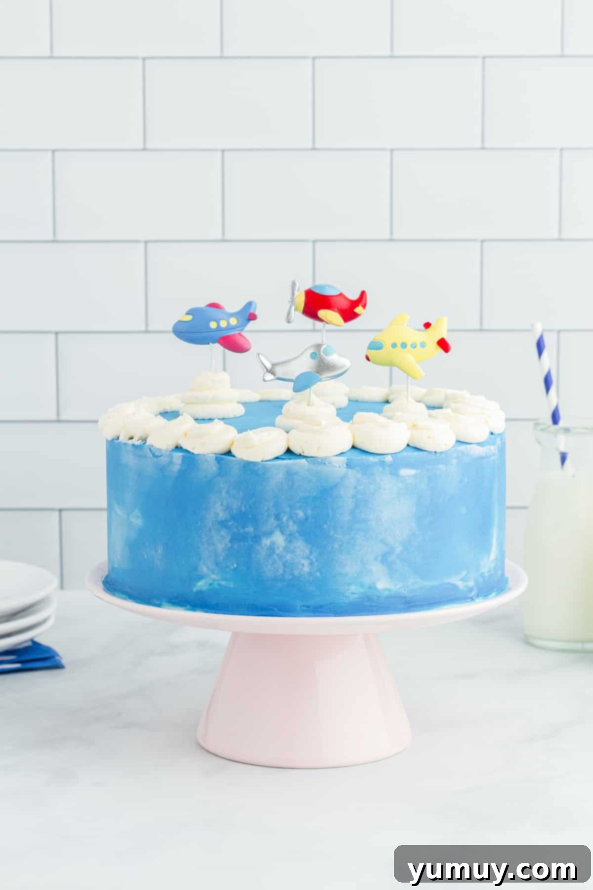 Winged Whimsy Cake 2 Side view of a beautifully decorated two-tier airplane cake on a pristine white cake stand, adorned with blue frosting, white clouds, and miniature airplane toppers.