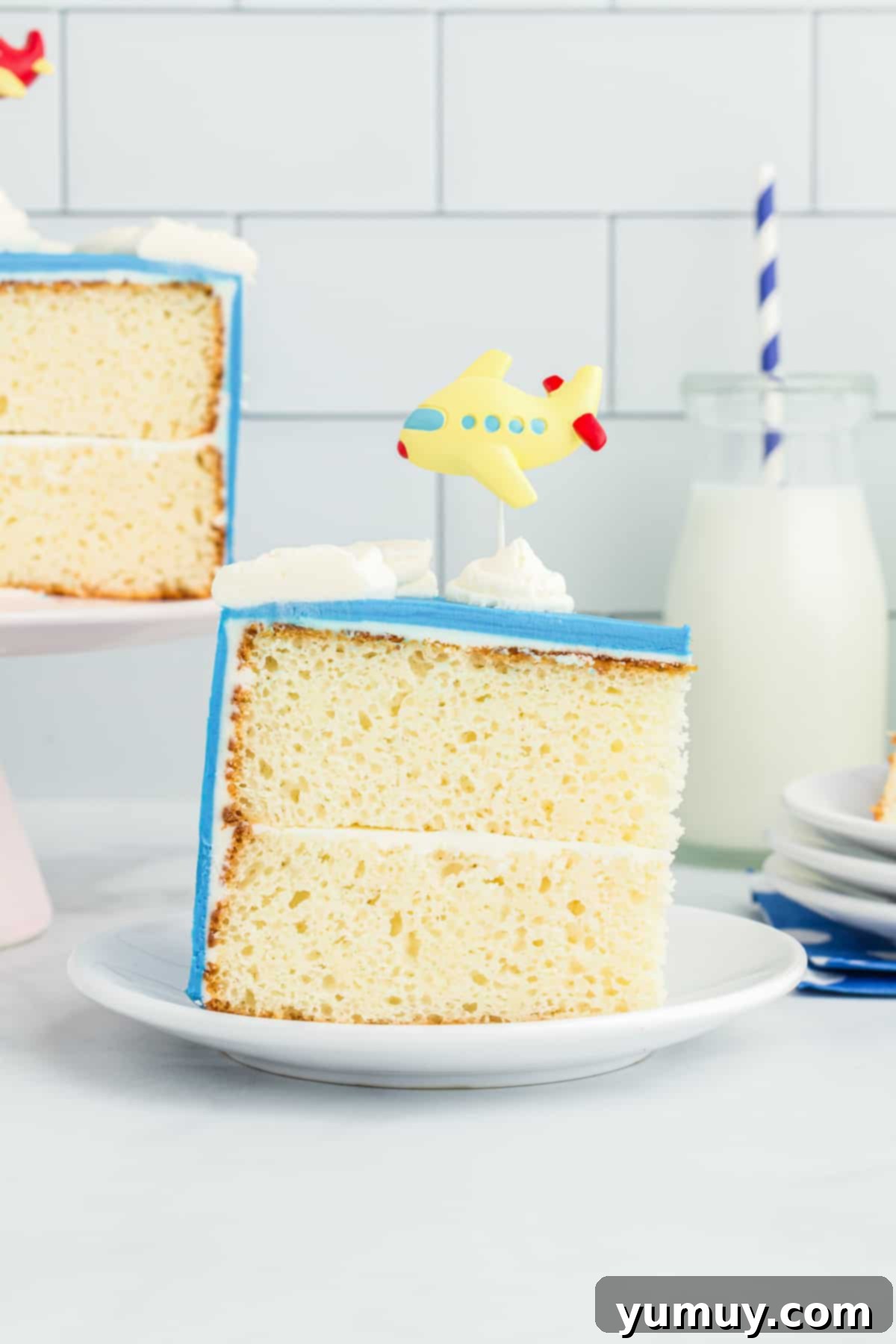 Winged Whimsy Cake 3 A delectable slice of airplane cake on a white plate, showcasing the moist layers of cake and fluffy blue and white buttercream frosting.