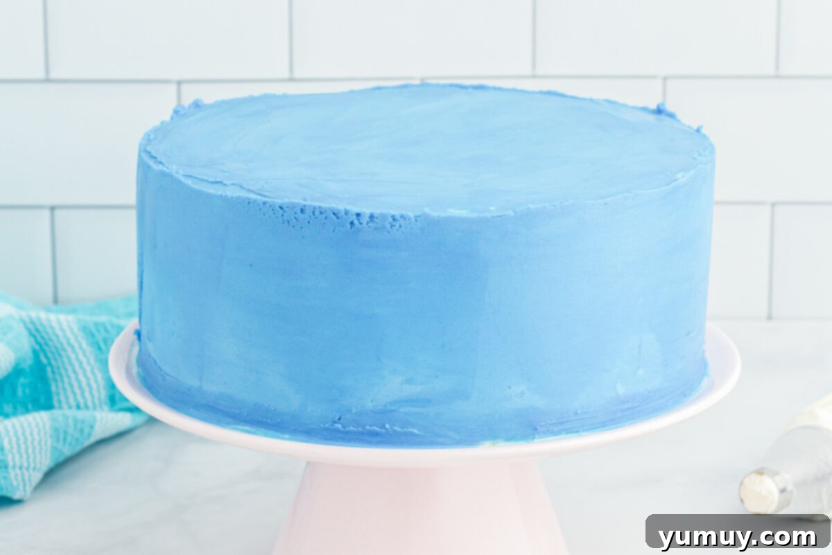 Winged Whimsy Cake 14 Side view of a perfectly frosted airplane cake with smooth blue buttercream on a white cake stand.