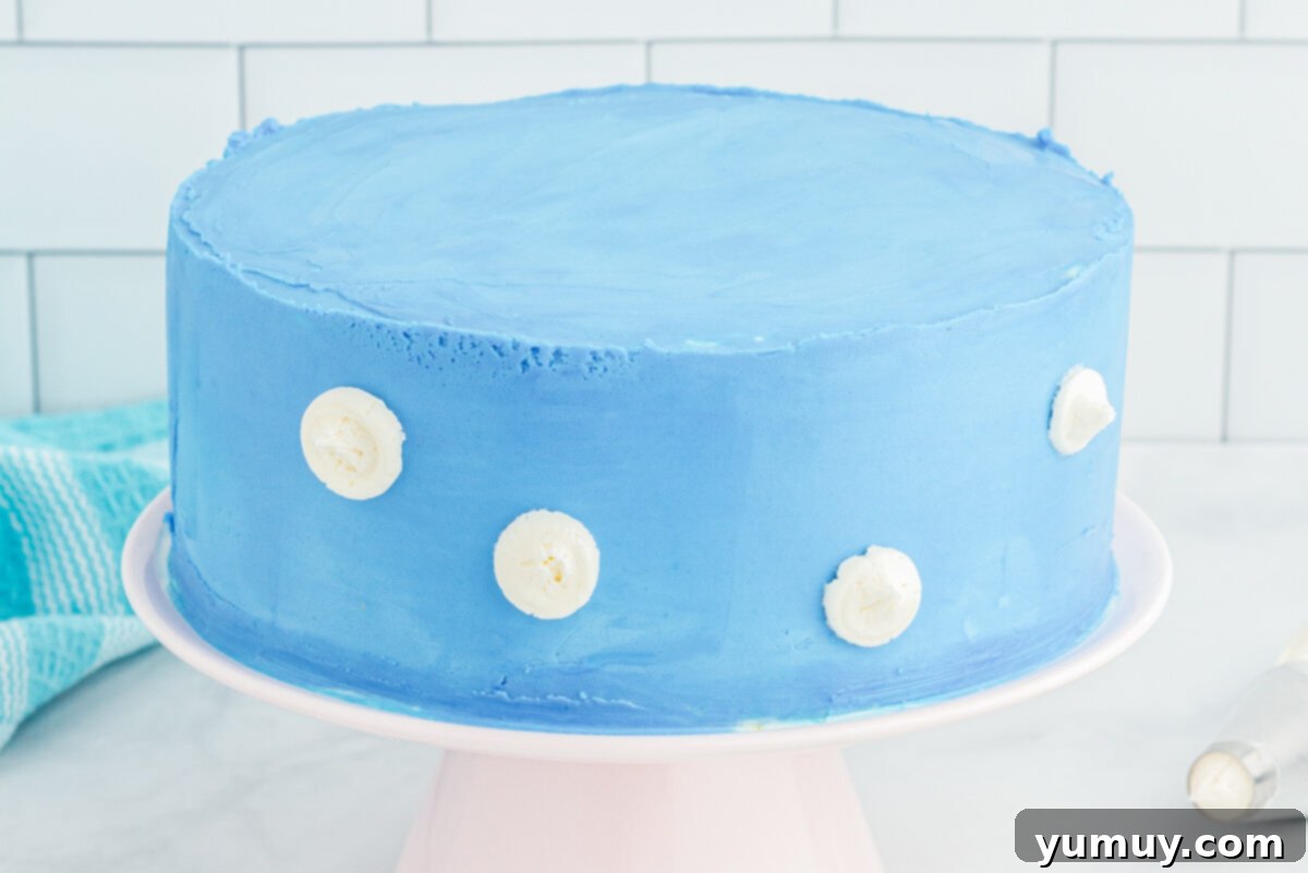 Winged Whimsy Cake 15 Side view of the airplane cake adorned with blue frosting and delicate white frosting clouds, awaiting the airplane toppers.