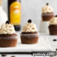 Featured Kahlua cupcakes, exquisitely frosted and ready to serve.