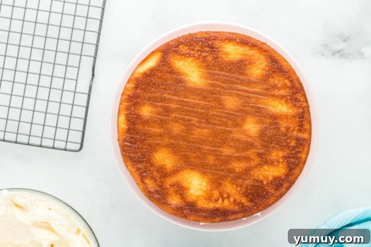 stacked doctored white cake mix layers on a white cake stand, demonstrating proper leveling and initial assembly.