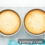 freshly baked layers of doctored white cake mix cooling in round cake pans on a wire rack.