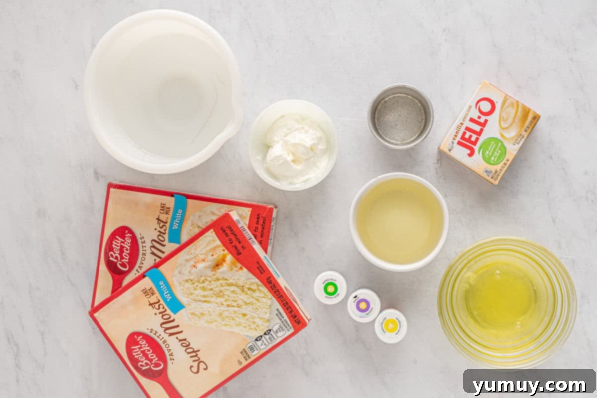 Mardi Gras Birthday Fiesta 3 Overhead view of various ingredients for a Mardi Gras birthday cake laid out on a clean surface, ready for preparation.