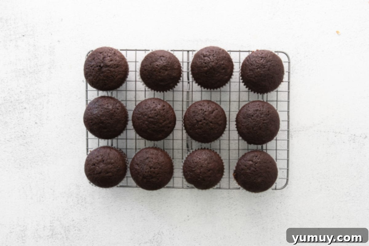 Caramel Coconut Chocolate Bliss Cupcakes 13 Rows of freshly baked chocolate cupcakes cool patiently on a wire rack, awaiting their caramel and coconut topping.
