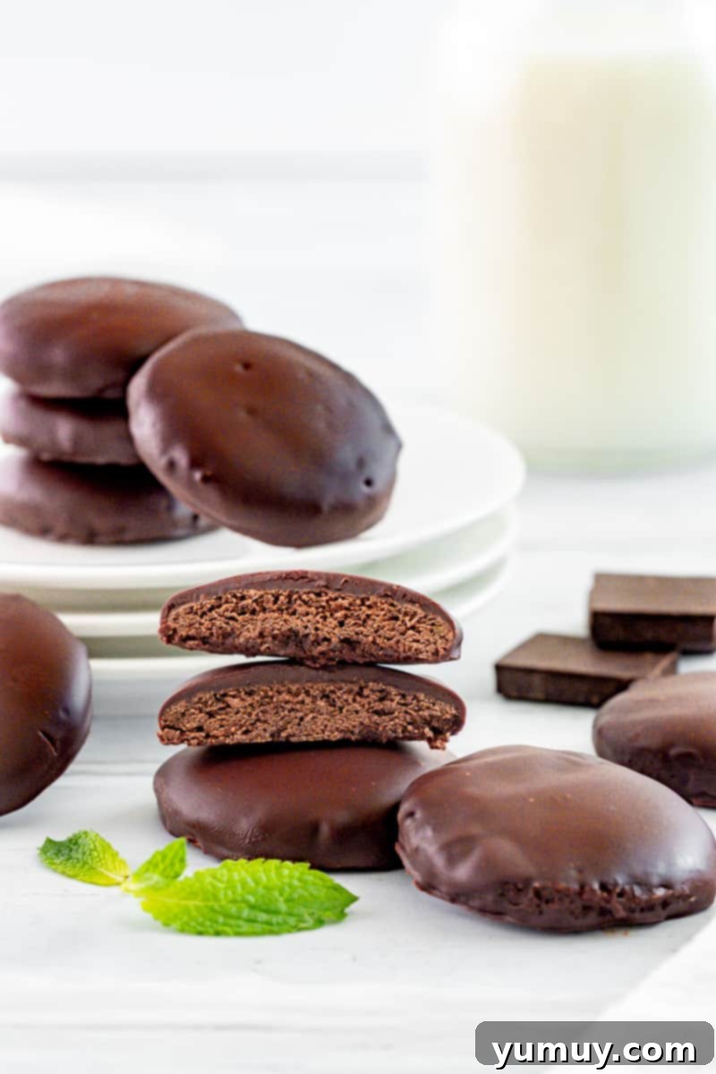 Close-up side view of two Thin Mint cookie halves stacked on top of a whole Thin Mint, showcasing the rich, dark chocolate interior and minty green hue.