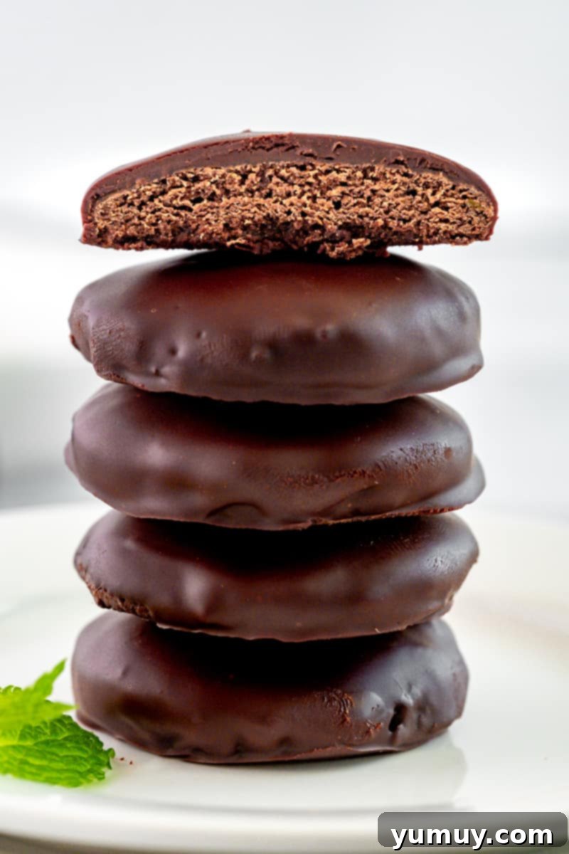 Close-up side view of a halved Thin Mint cookie resting on a stack of four whole Thin Mint cookies, highlighting the internal texture and chocolate coating.