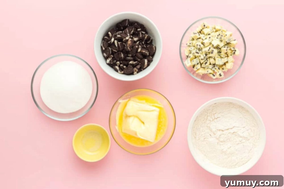 Safe-to-Eat Oreo Cookie Dough 8 Measured ingredients for Oreo cookie dough in individual bowls.