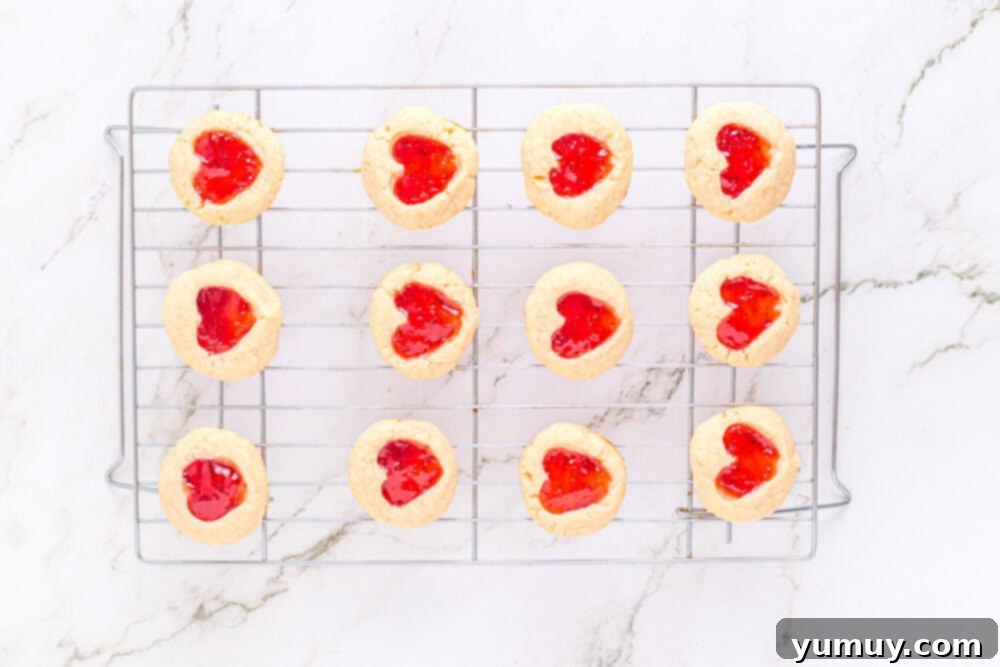 Heart Kiss Cookies 23 12 heart thumbprint cookies, perfectly cooled and arranged on a wire rack, ready to be served.