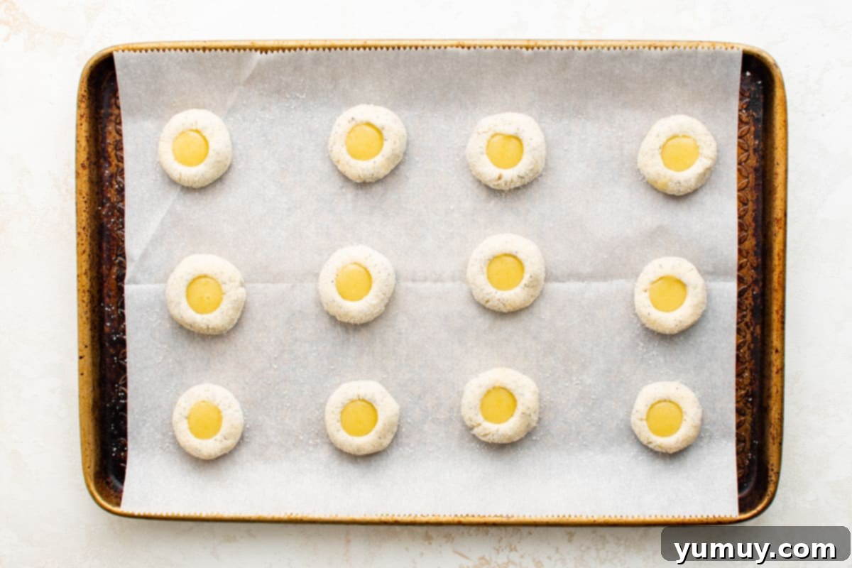 Tangy Lemon Curd Delights 14 A tray of thumbprint cookies, each divot perfectly filled with bright yellow lemon curd, meticulously prepared for the oven.