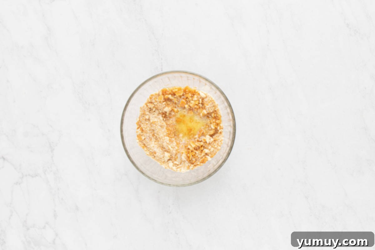 The blended vanilla wafer, butter, and sugar mixture shown in a bowl, ready to be pressed into the springform pan to form the cheesecake crust.